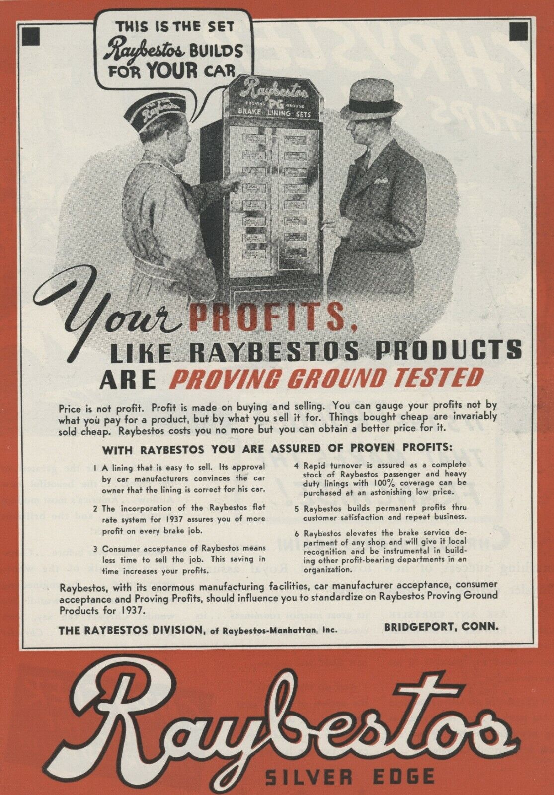 1937 Raybestos Silver Edge Advertisement: Dealership Display & Uniform Pictured
