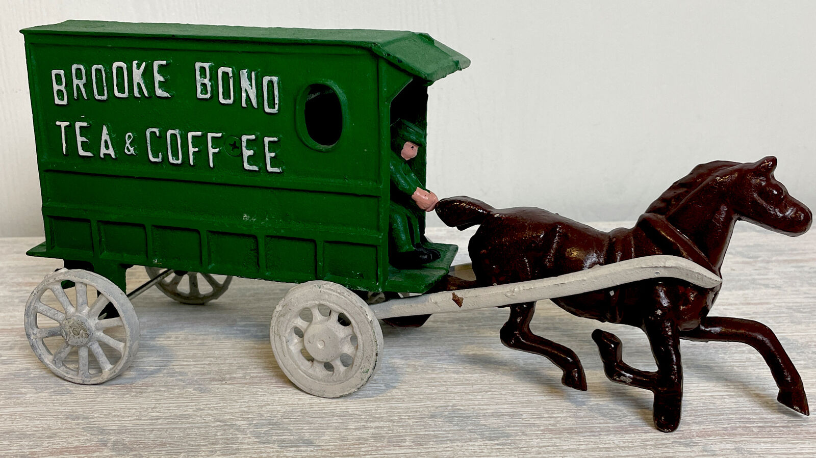 Vintage Brooke Bond Tea and Coffee Cast Iron Wagon 13” W/ Horse & Driver