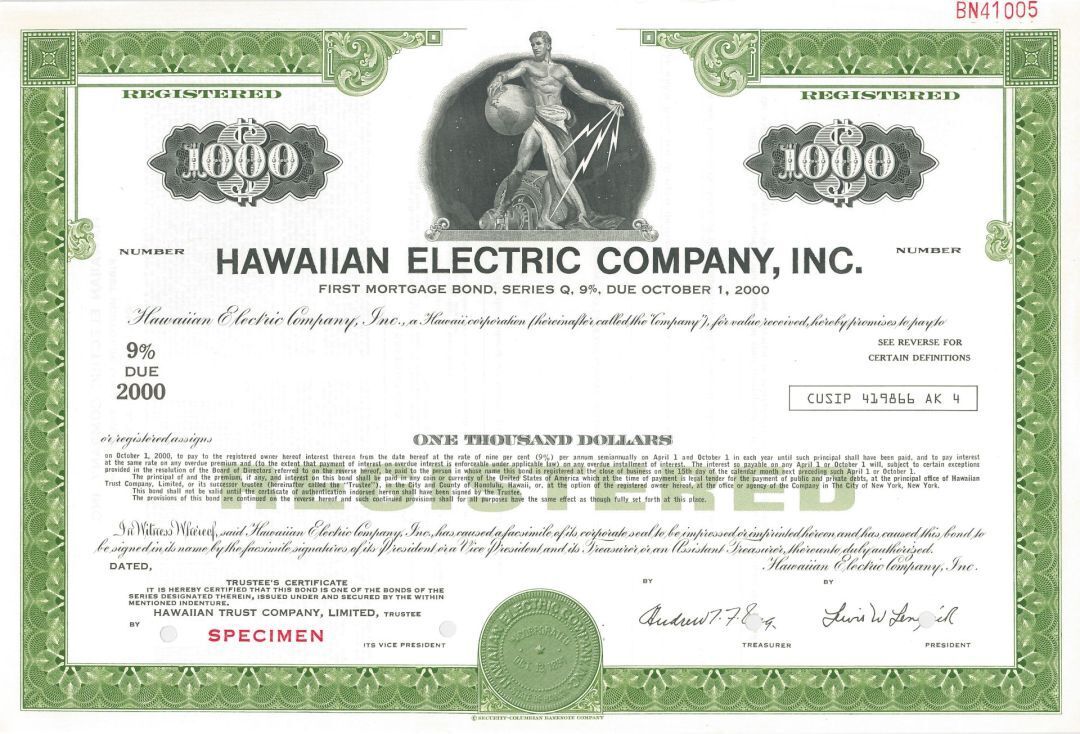 Hawaiian Electric Co., Inc. - $1,000 Green Specimen Bond - Very Rare State - Spe