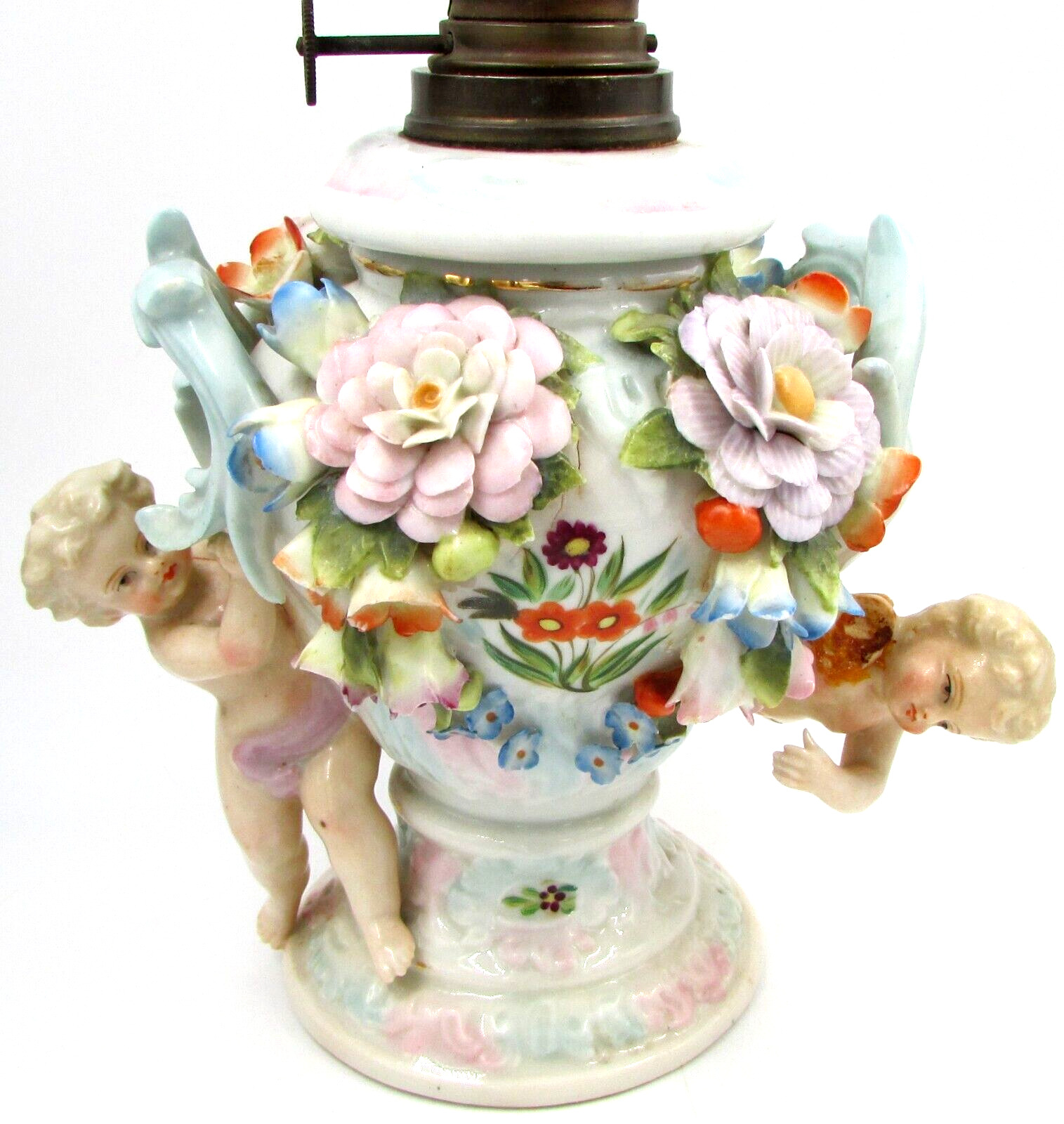 Antique Petite Porcelain Oil Lamp; Cherubs & Intricate Flowers + Brenner Burner