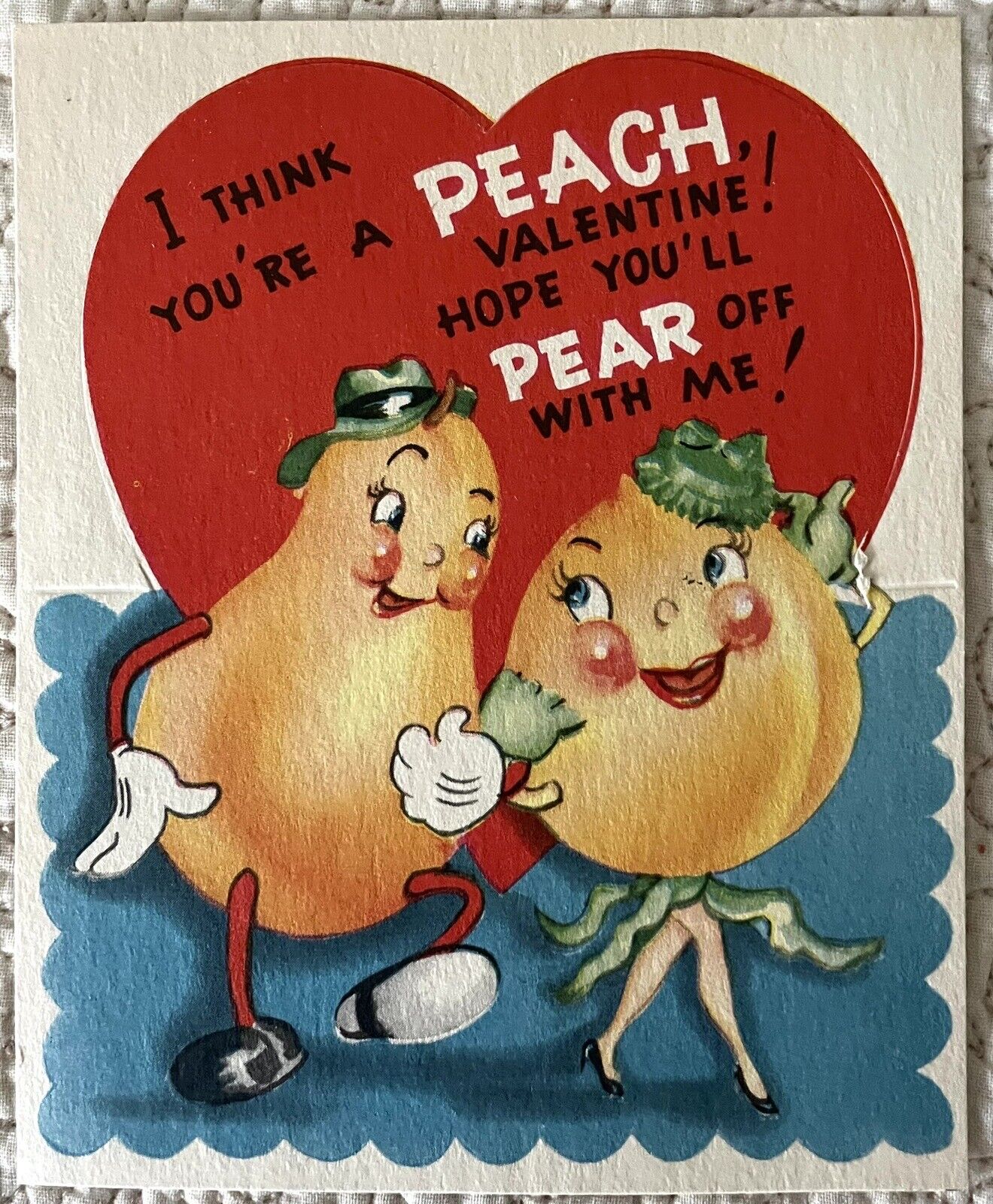 Unused Valentine Pear Peach Anthropomorphic Vintage Greeting Card 1950s 1960s