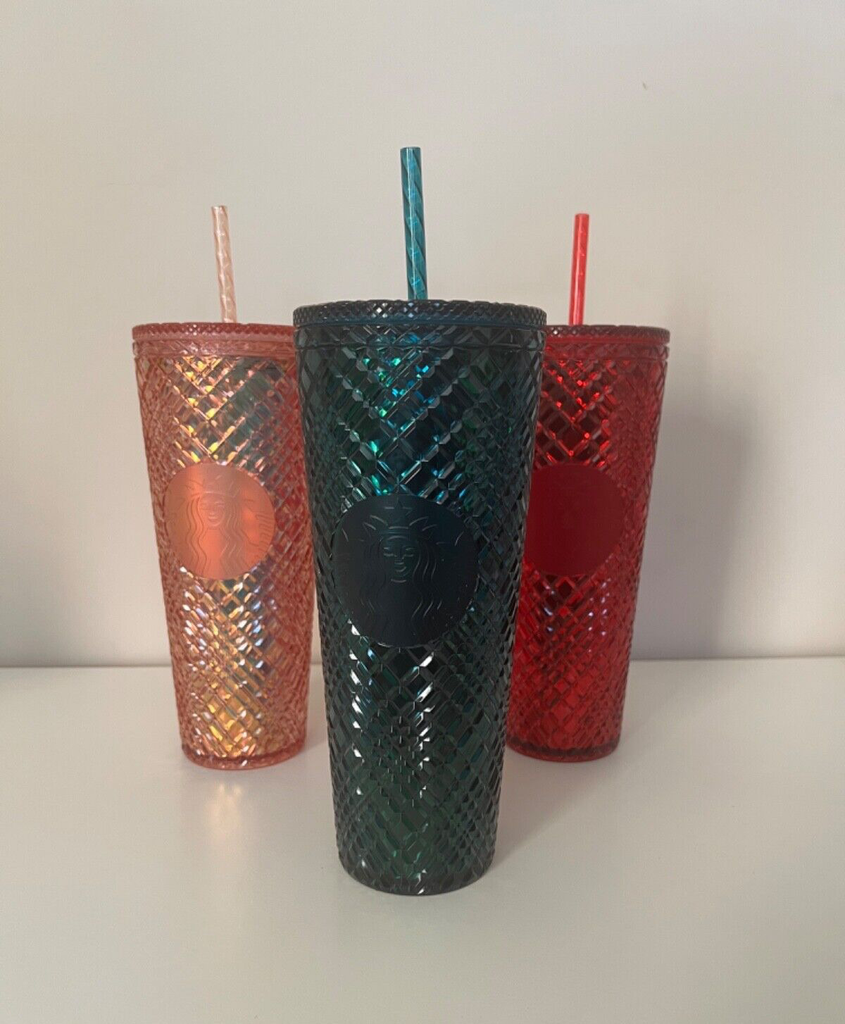 Starbucks Winter Holiday Jeweled Tumbler 24oz LOT OF 3 RED GREEN PINK BRAND NEW