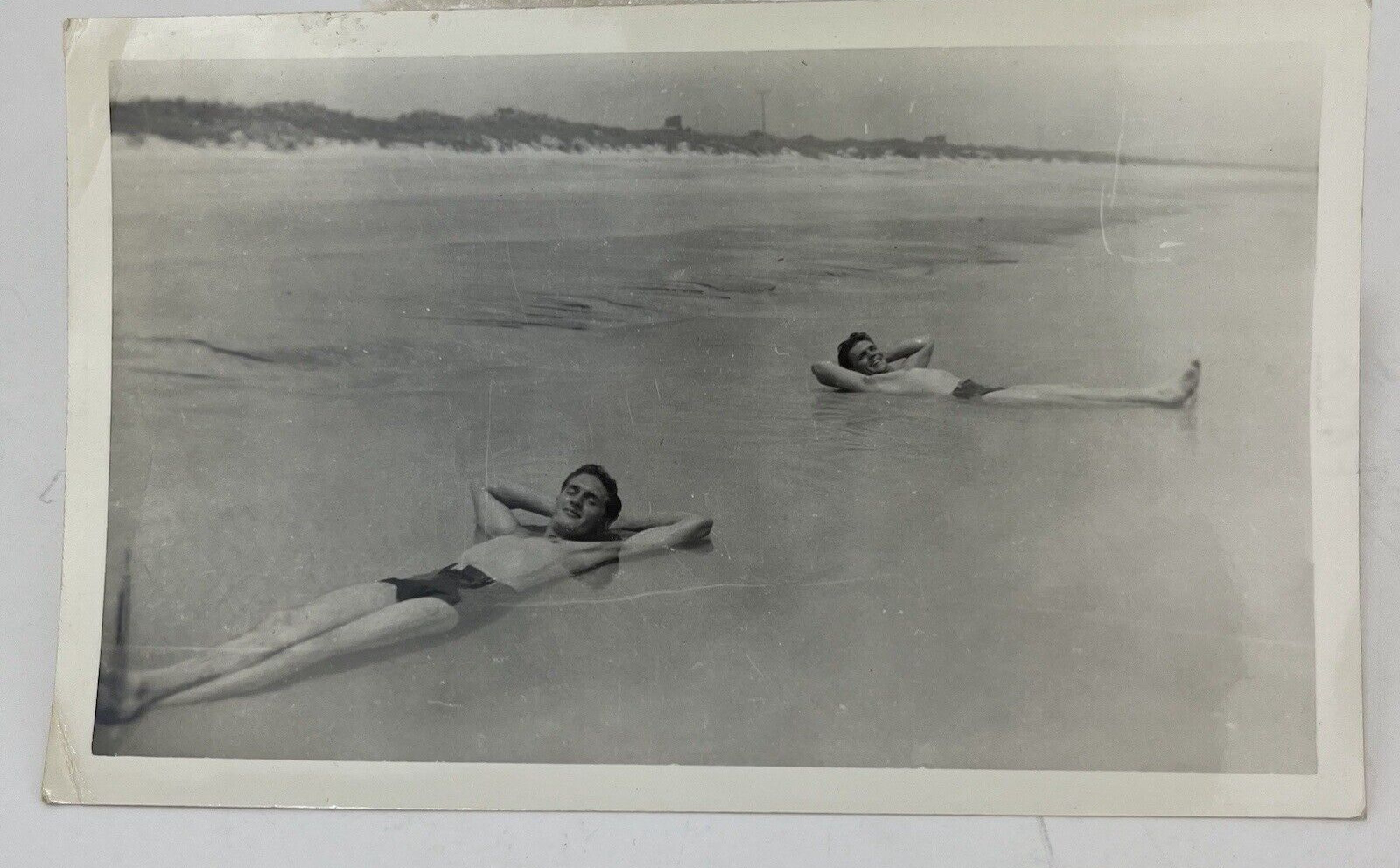 Vintage Photo 1930s Shirtless Men Swimming Suit Beach Laying in Water Two Men