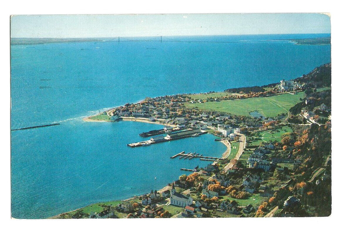 Mackinac Island Michigan MI Postcard Harbor Business Section Aerial View