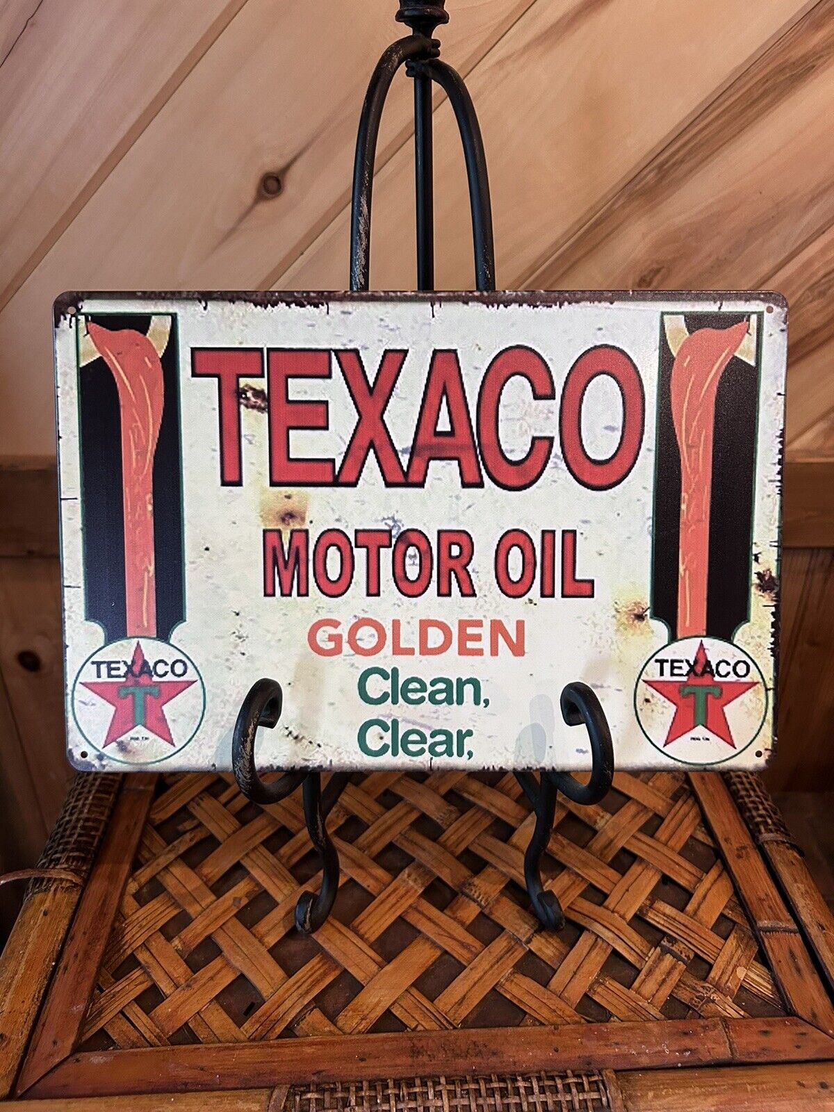 TEXACO GOLDEN MOTOR OIL CLEAN CLEAR TIN SIGN 8\