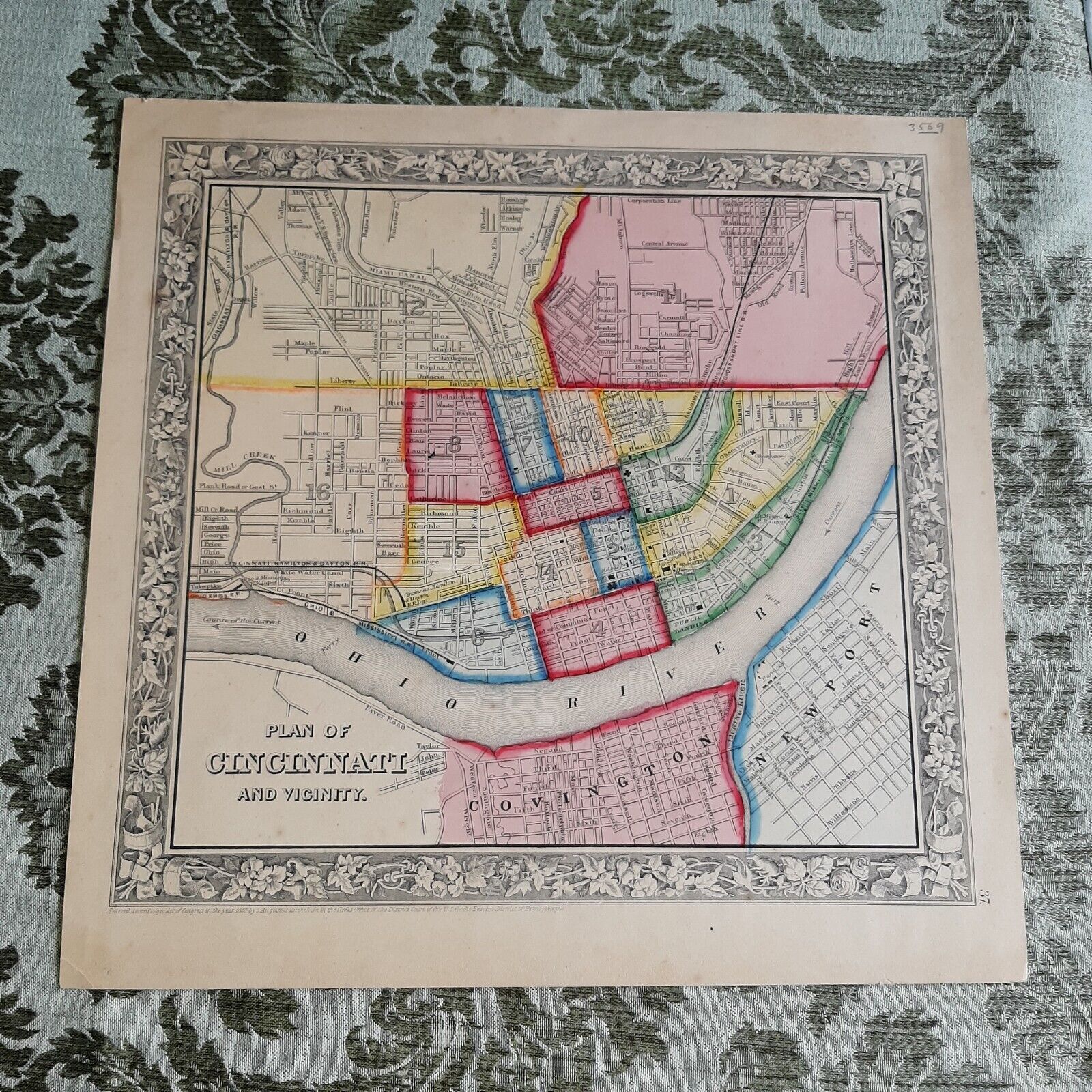 1860 Plan of Cincinnati and vicinity by Augustus Mitchell VF  hand colored