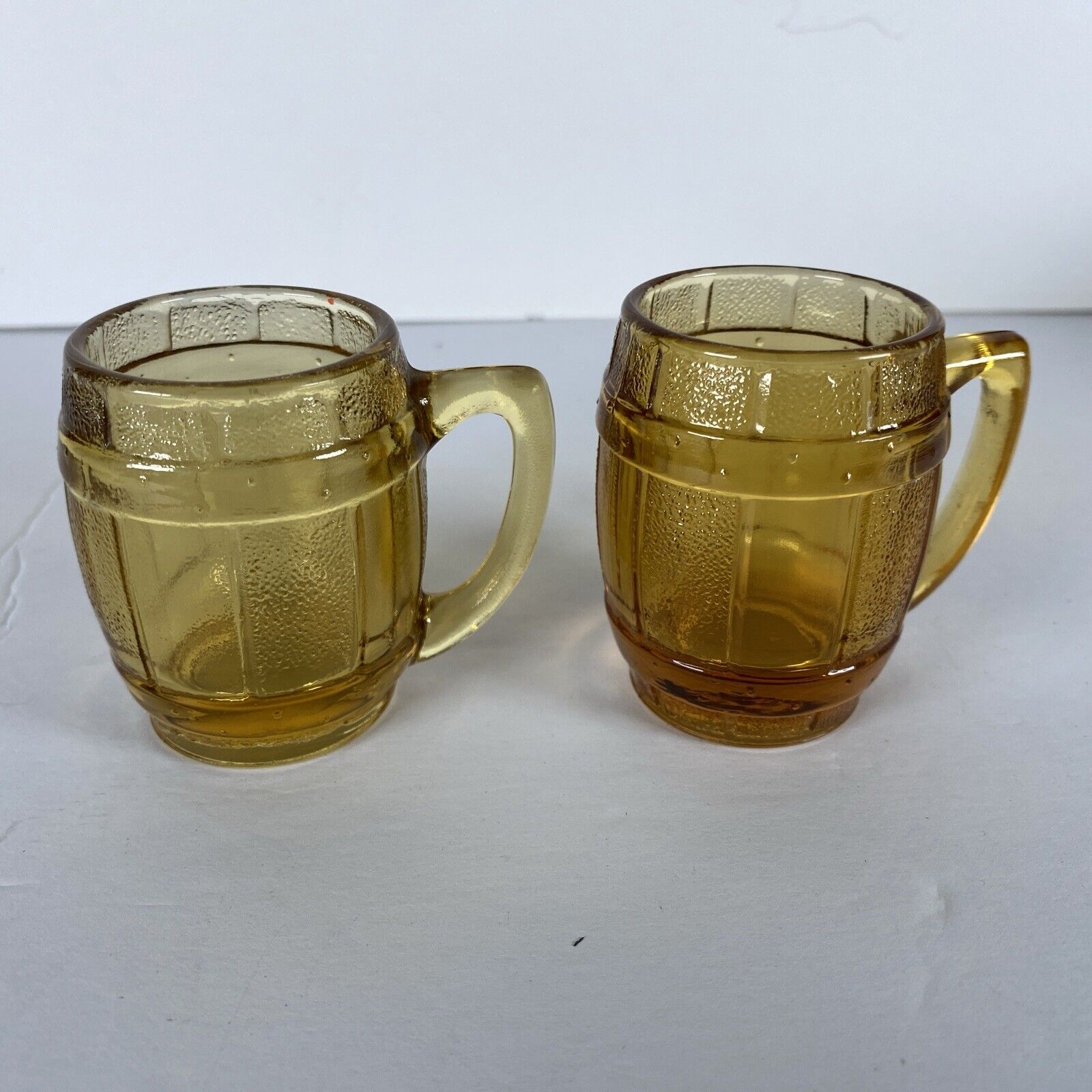 Set Of 2 Vintage 1960’s Mini Amber Glass Barrel/Mug Toothpick Holder/Shot Glass