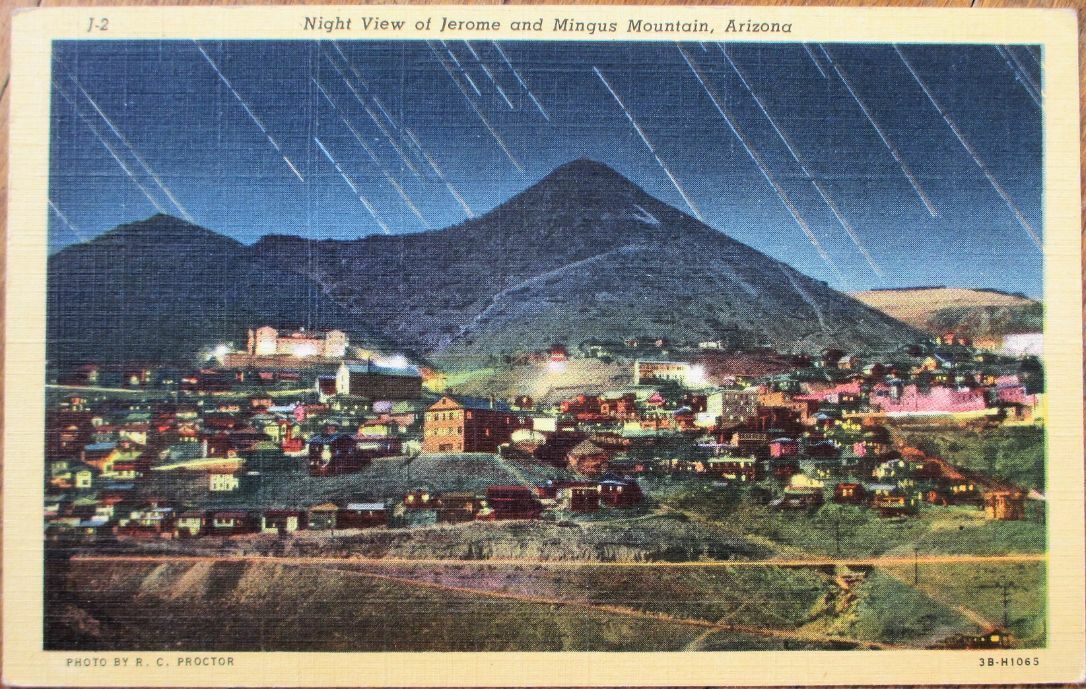 Jerome, AZ 1948 Linen Postcard: City & Mingus Mountain at Night - Arizona Ariz