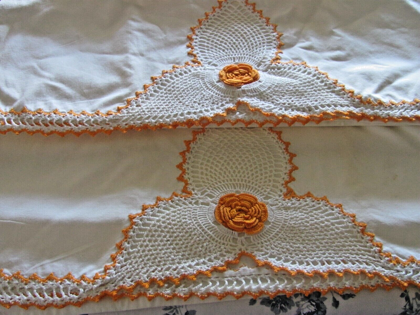 Pair Vintage Pillow Cases w Large Crochet Details & Rosette