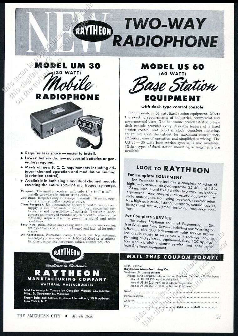 1950 Raytheon Model UM 30 mobile radiophone radio phone photo vintage print ad