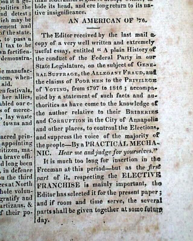 Very Rare CUMBERLAND MD Allegheny Co. Maryland 1816 BROADSHEET Extra Newspaper