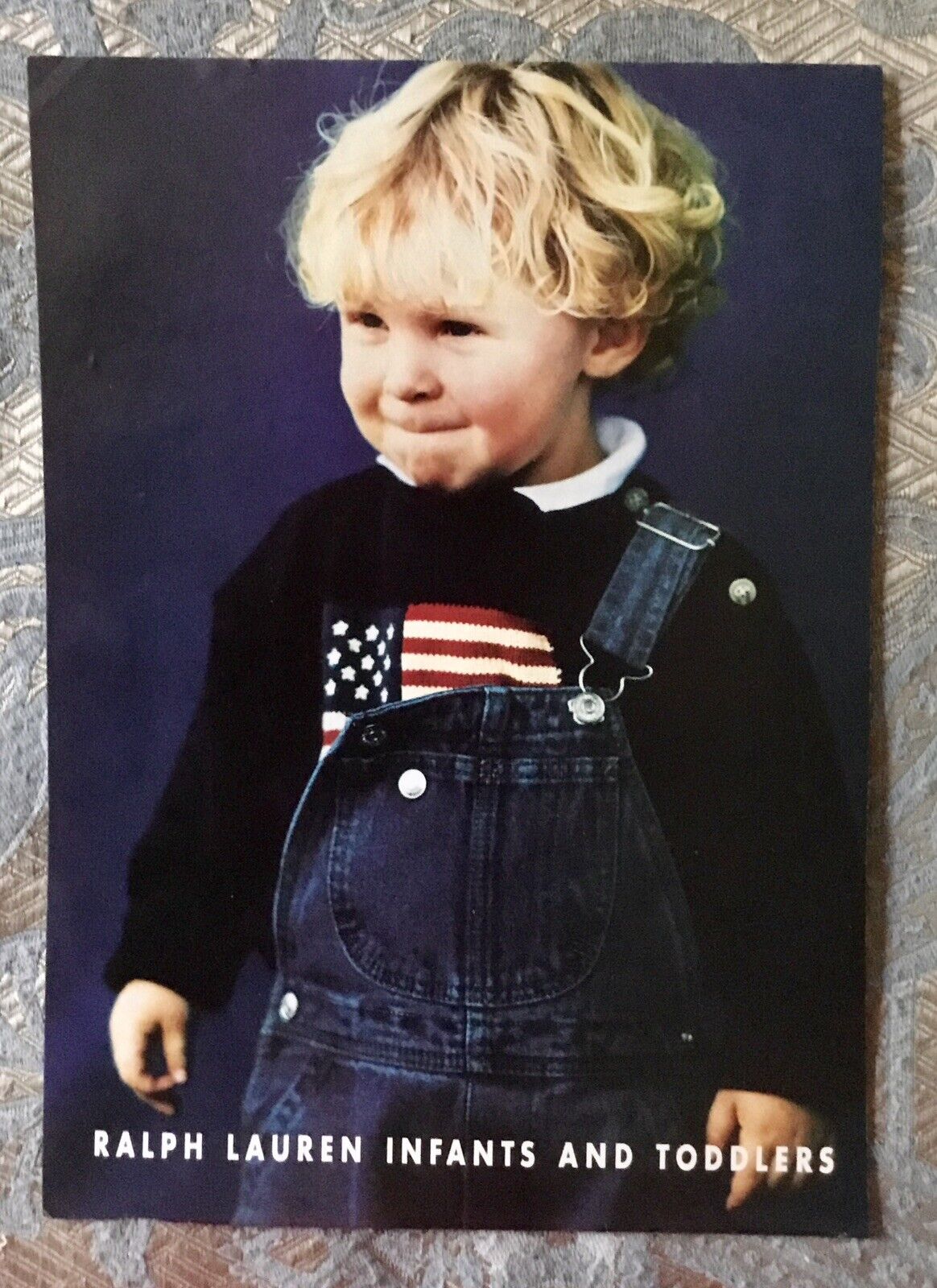 VTG 1990 Ralph Lauren Toddlers Print Advertisement - Boy + Flag Sweater/Overalls