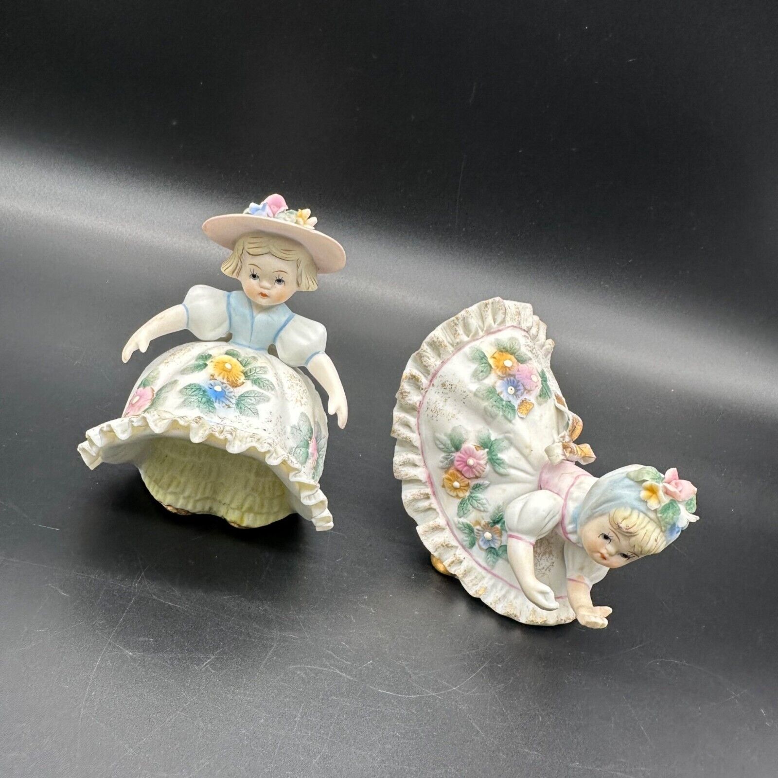 Vintage Lefton Little Miss Muffet Figurines Bloomer Girls Japan Bisque Ceramic