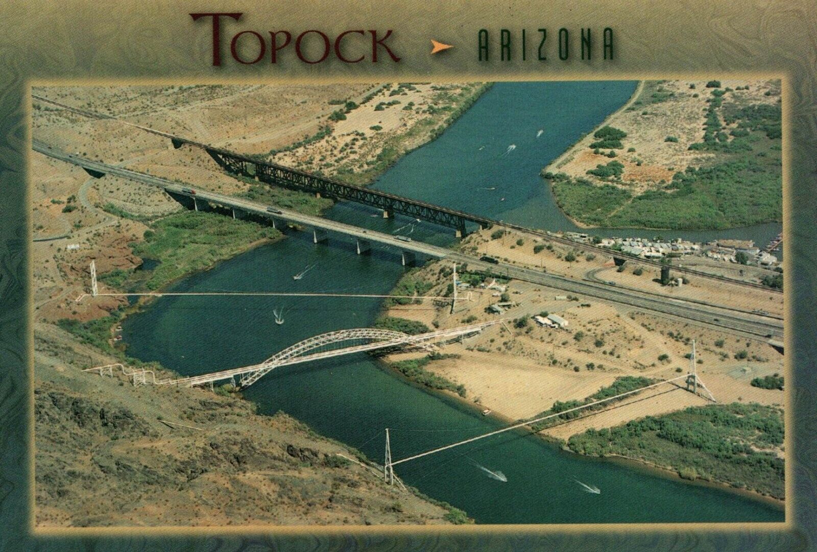 Topock Arizona Bridges Aerial View Boating RIver Postcard Unposted