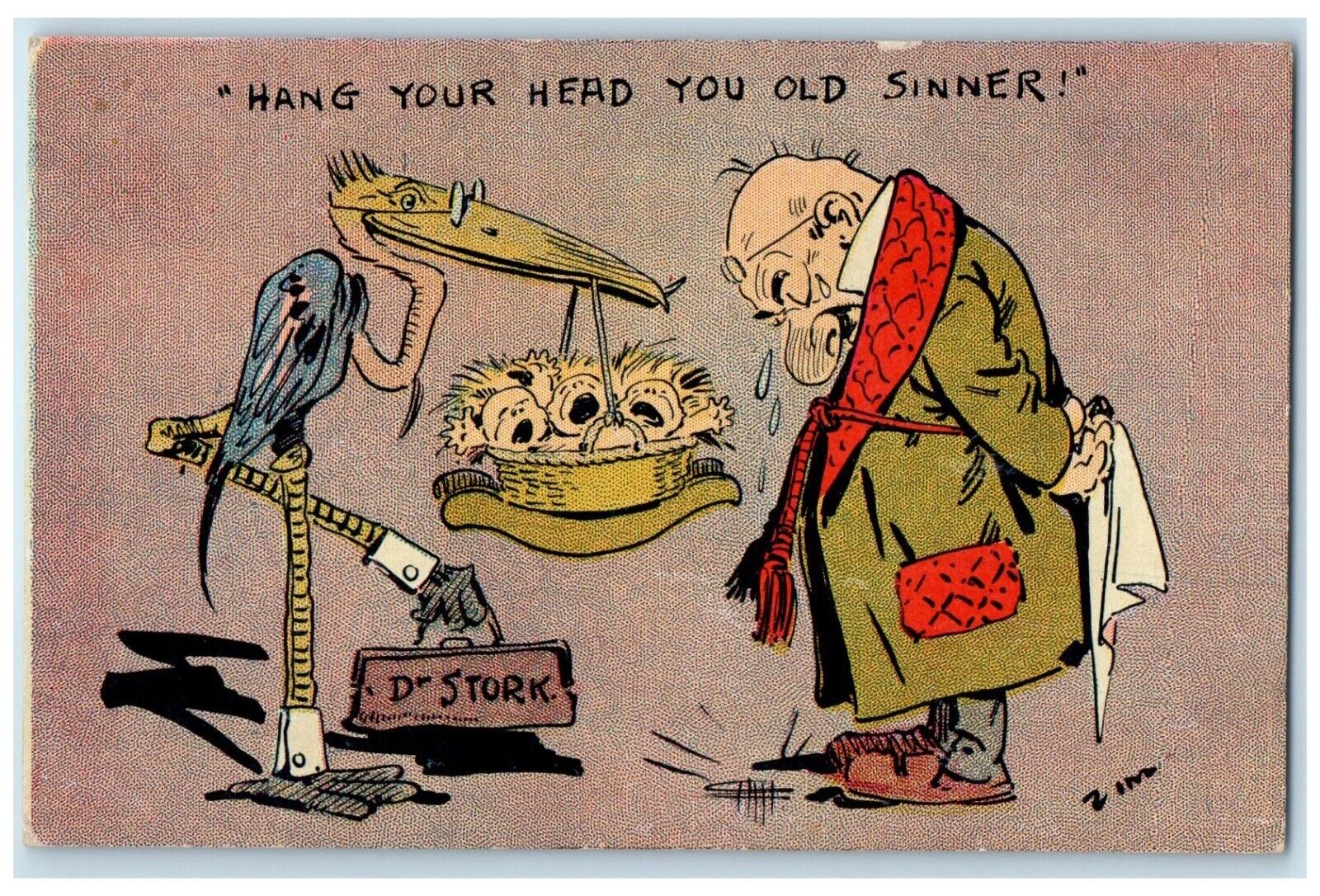 c1910s Dr. Stork Delivered Babies Hang Your Head You Old Sinner Antique Postcard