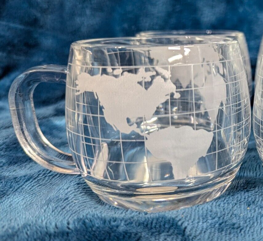 Vintage 70s Nestle Coffee Mugs Etched Frosted World Map Set Of 4