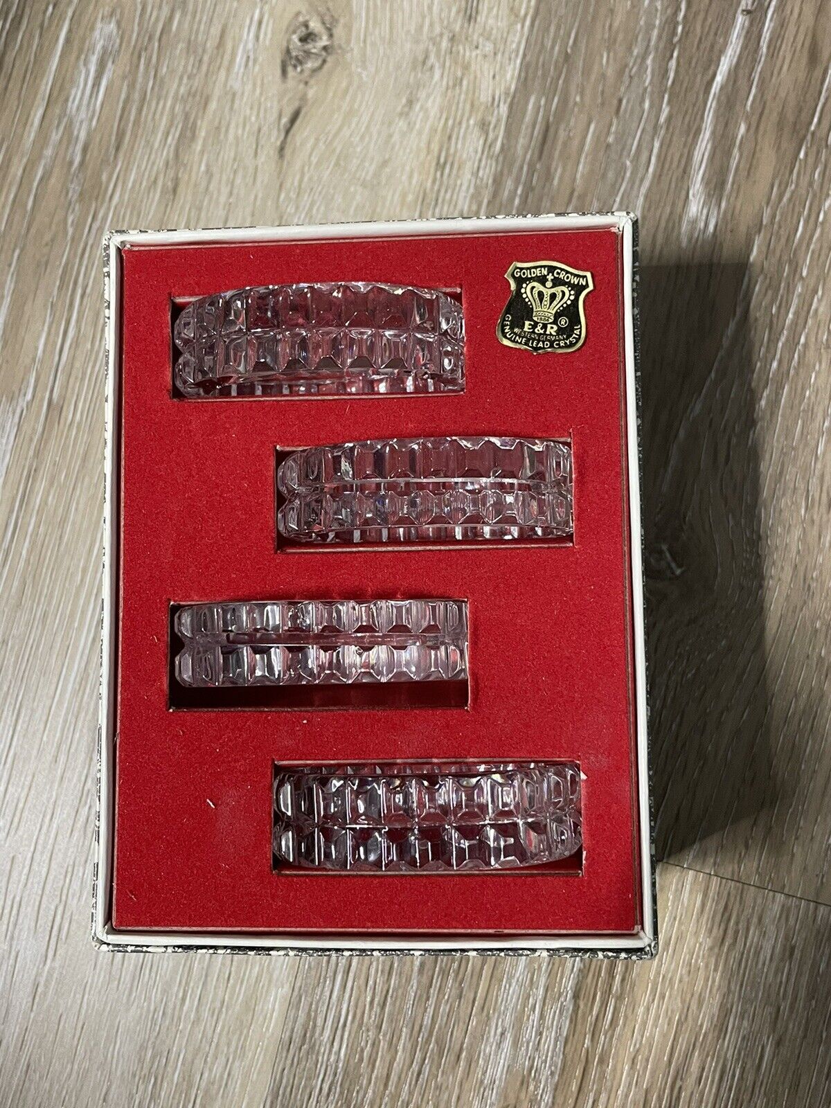Vintage Golden Crown Crystal Cut Glass Napkin Rings Set Of 4 Western Germany