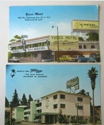 2X HOLLYWOOD 28 California  CA TRAVELODGE & YUCCA MOTEL Postcards -Q2