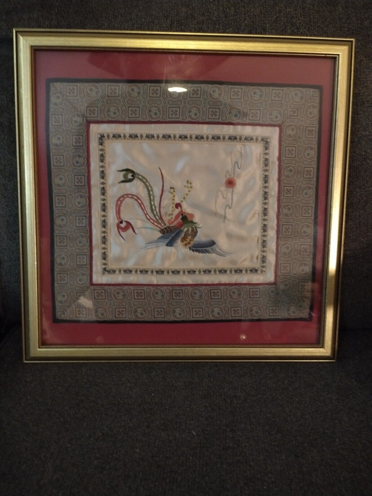 Professionally Framed Asian Embroidered Silk Textile Bird/Floral 15\