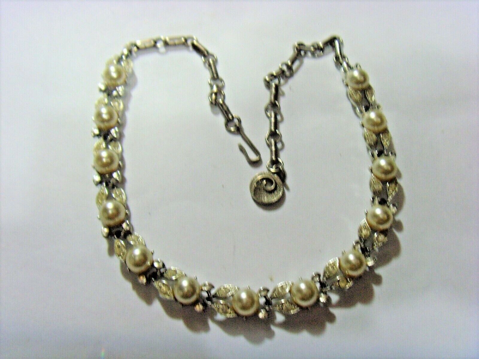 1930s antique lisner necklace choker silver tone metal faux pearl diamante 50902