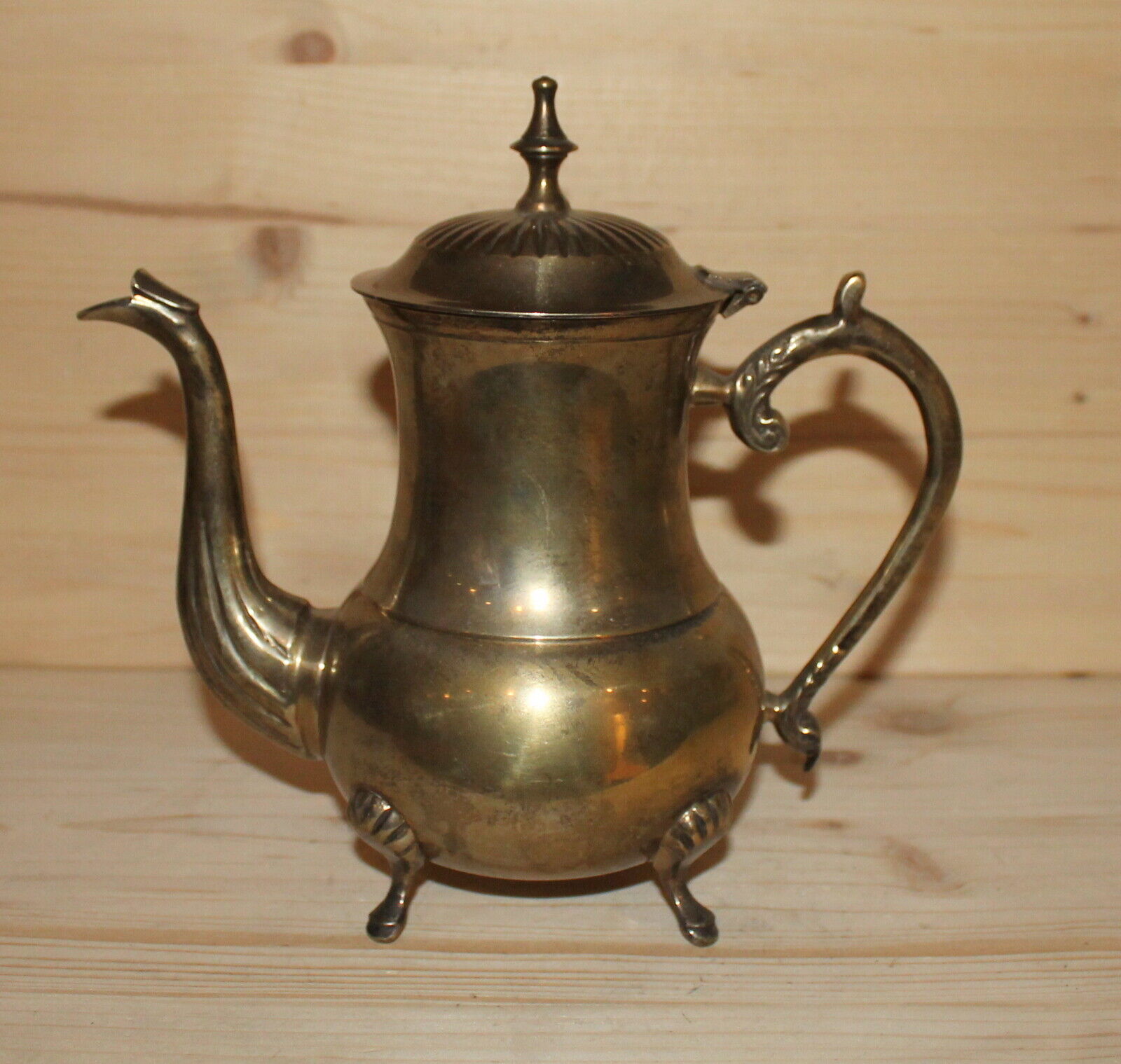 Antique hand made silver plated brass footed teapot