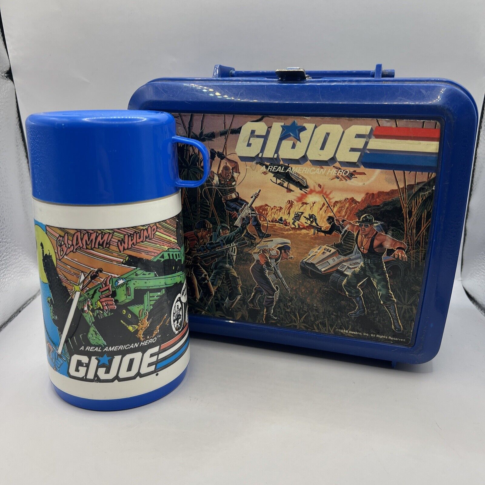 Vintage GI Joe Real American Hero Blue Lunch Box and Thermos 1986 Aladdin