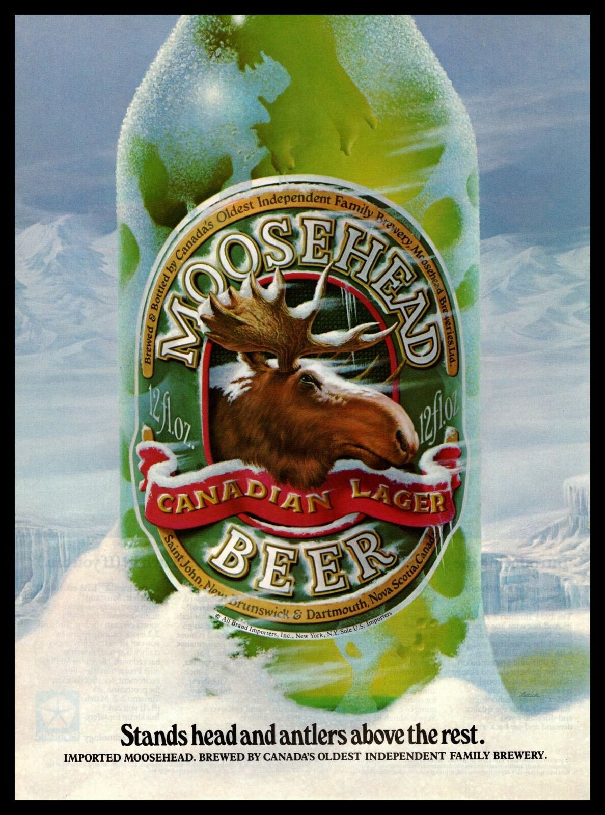 1984 Moosehead Canadian Lager Beer Bottle Head & Antlers Above The Rest Print Ad