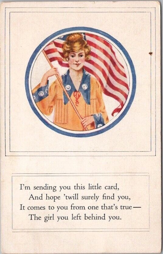 1918 WWI Patriotic Postcard Pretty Lady U.S. Flag 