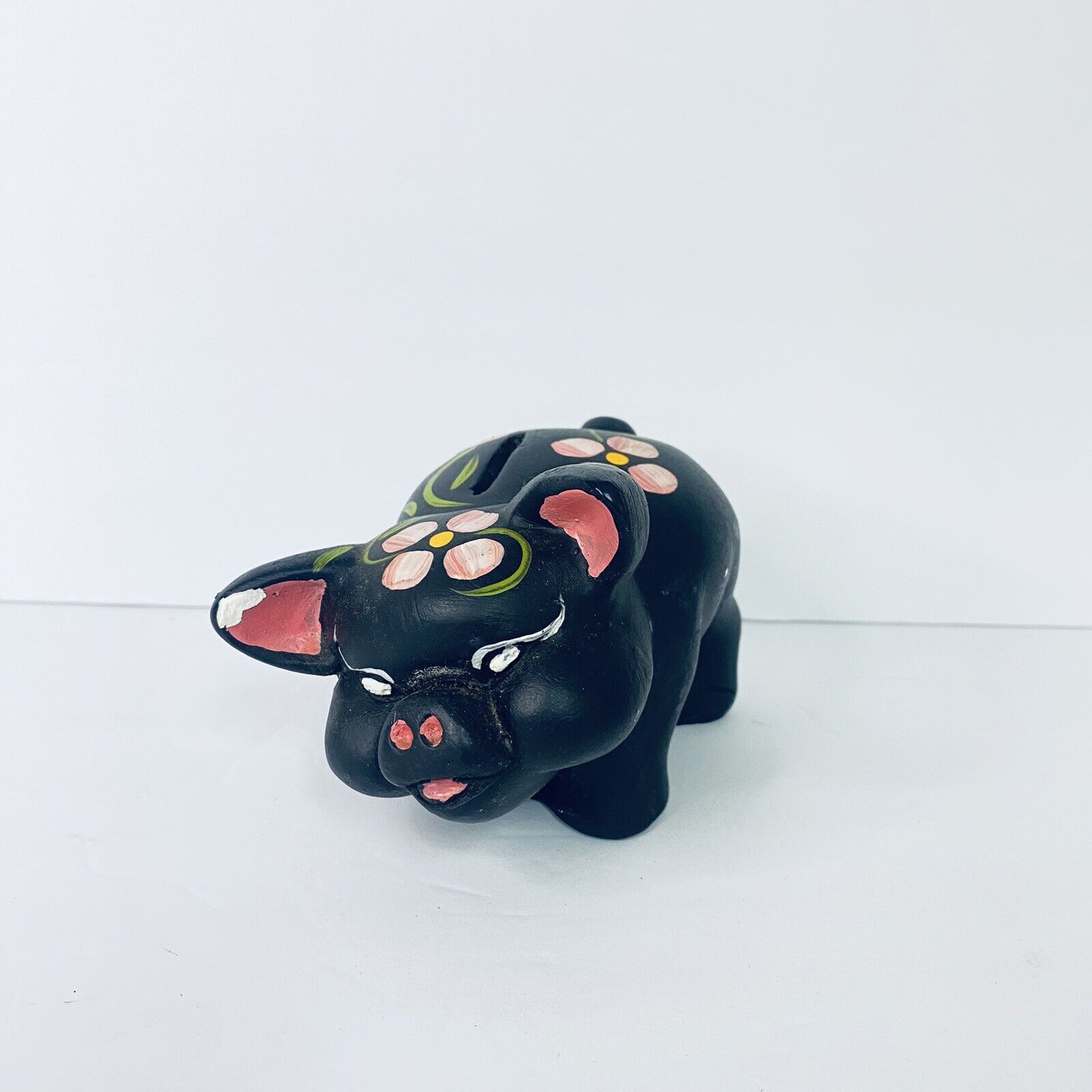 Vtg Piggy Bank Ceramic Floral Pig Black Los Angeles California Federal Savings