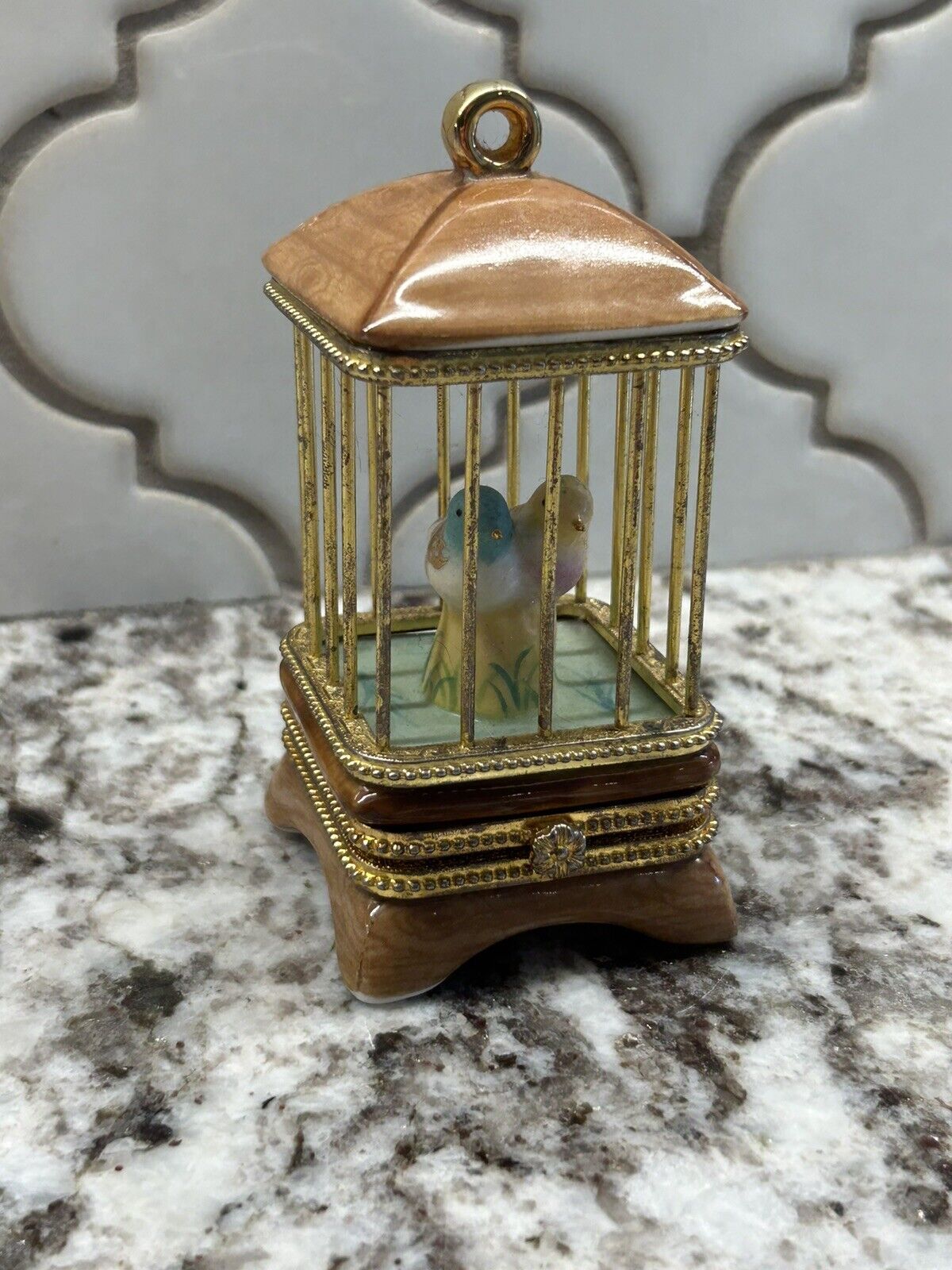 Limoges France Birdcage w Budgerigar Love Bird Parakeet Pair & Gold Trinket Box