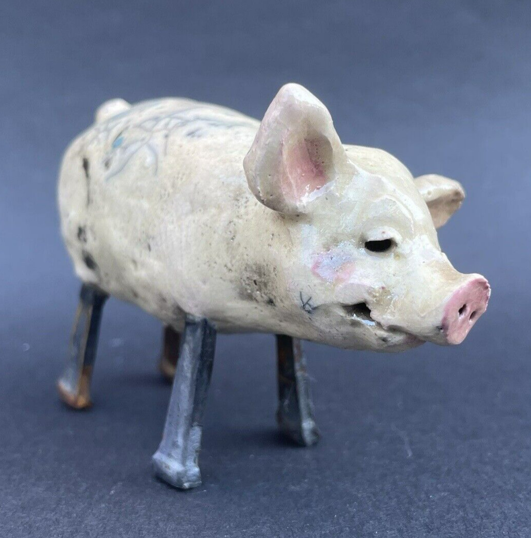 LISA SCHUMAIER Signed Raku Art Pottery NAIL LEG PIG Sculpture Figurine