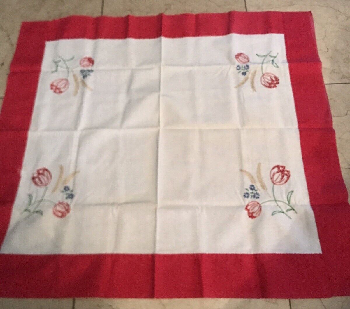 Vintage Hand Embroidered Tablecloth Floral Red White 37”x32” Cottage Core Estate