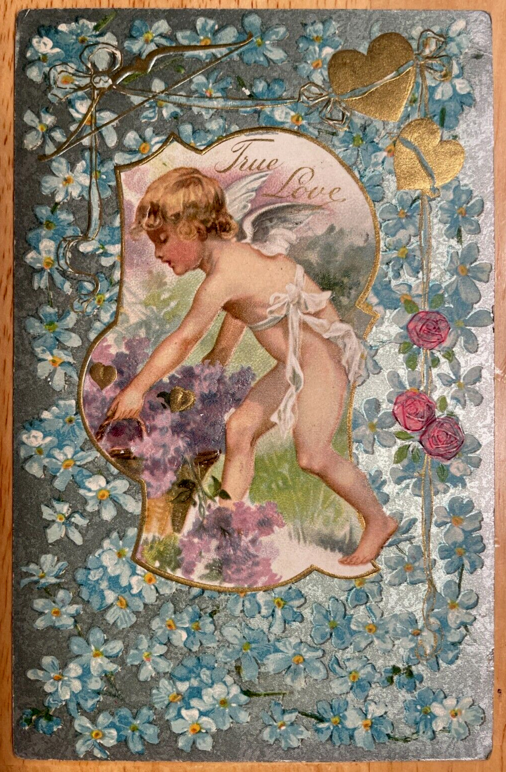 Vintage Victorian Postcard 1909 True Love - Silver Blue Flowered Card with Cupid