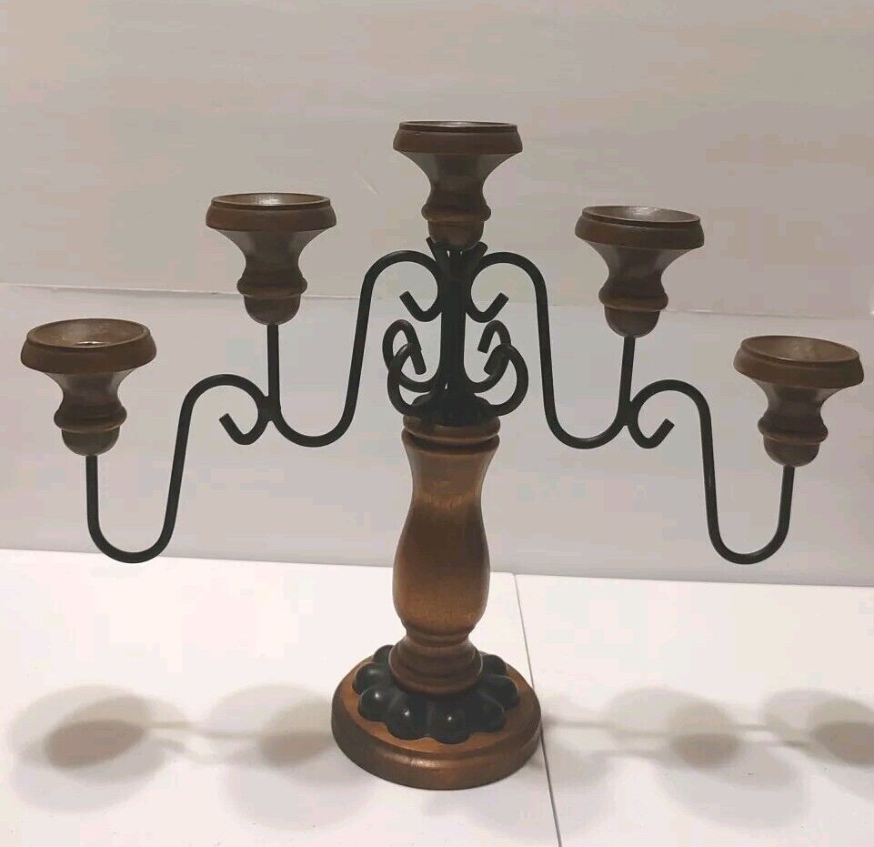 Vintage Homco Five Arm Wrought Iron & Wood Candle Holder Candelabra