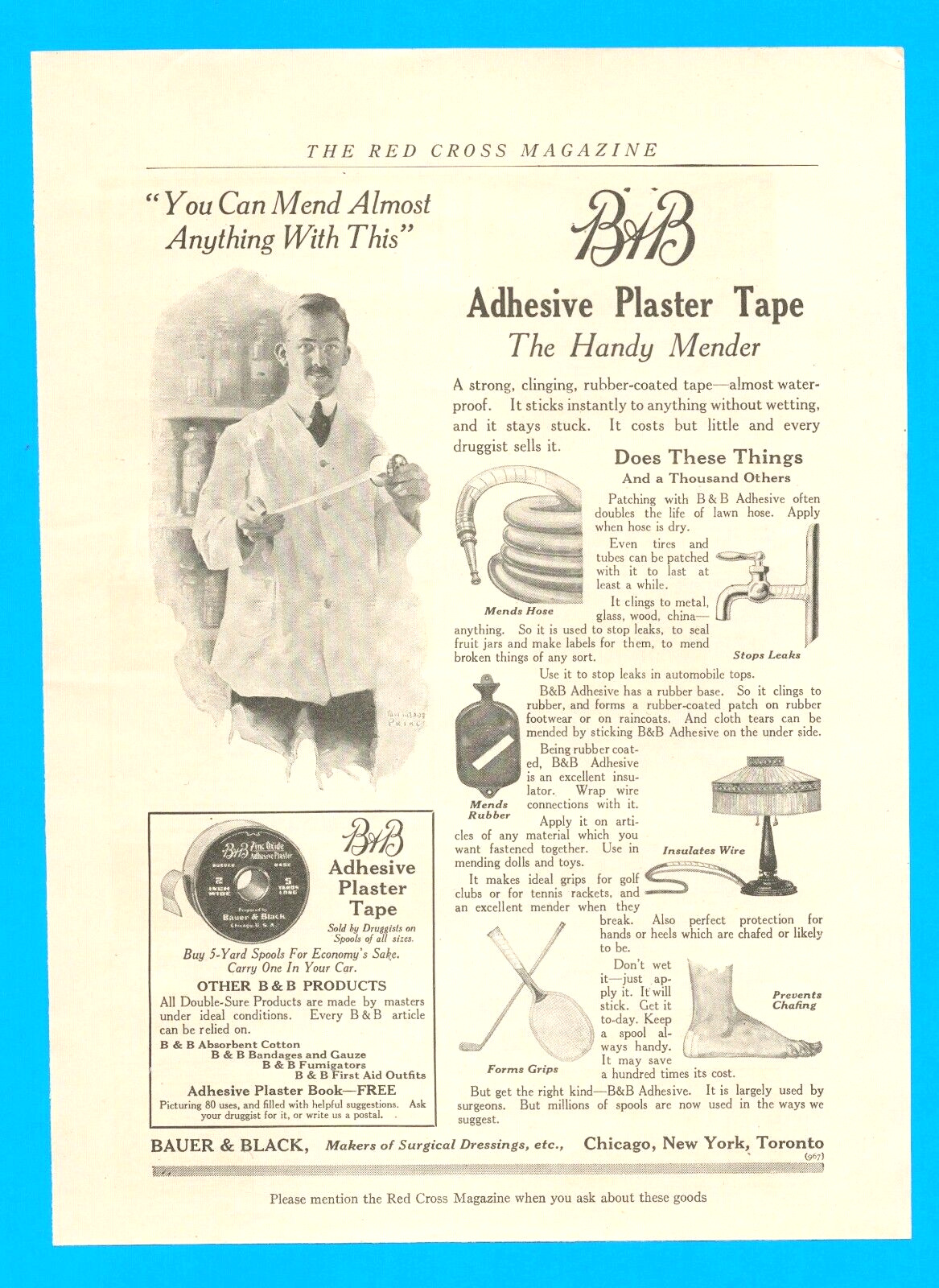 1918 Bauer & Black Adhesive Tape repairs anything adhesive plaster PRINT AD