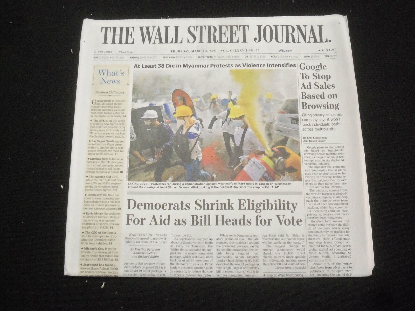 2021 MARCH 4 THE WALL STREET JOURNAL - DEMOCRATS SHRINK ELIGIBILITY FOR PAYMENTS