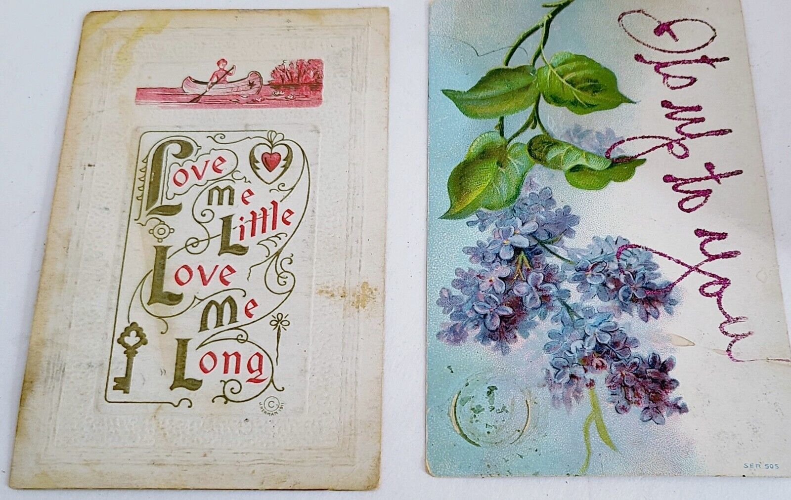 2 Vintage Greetings Postcards Card Ephemera Embossed Lilacs Love