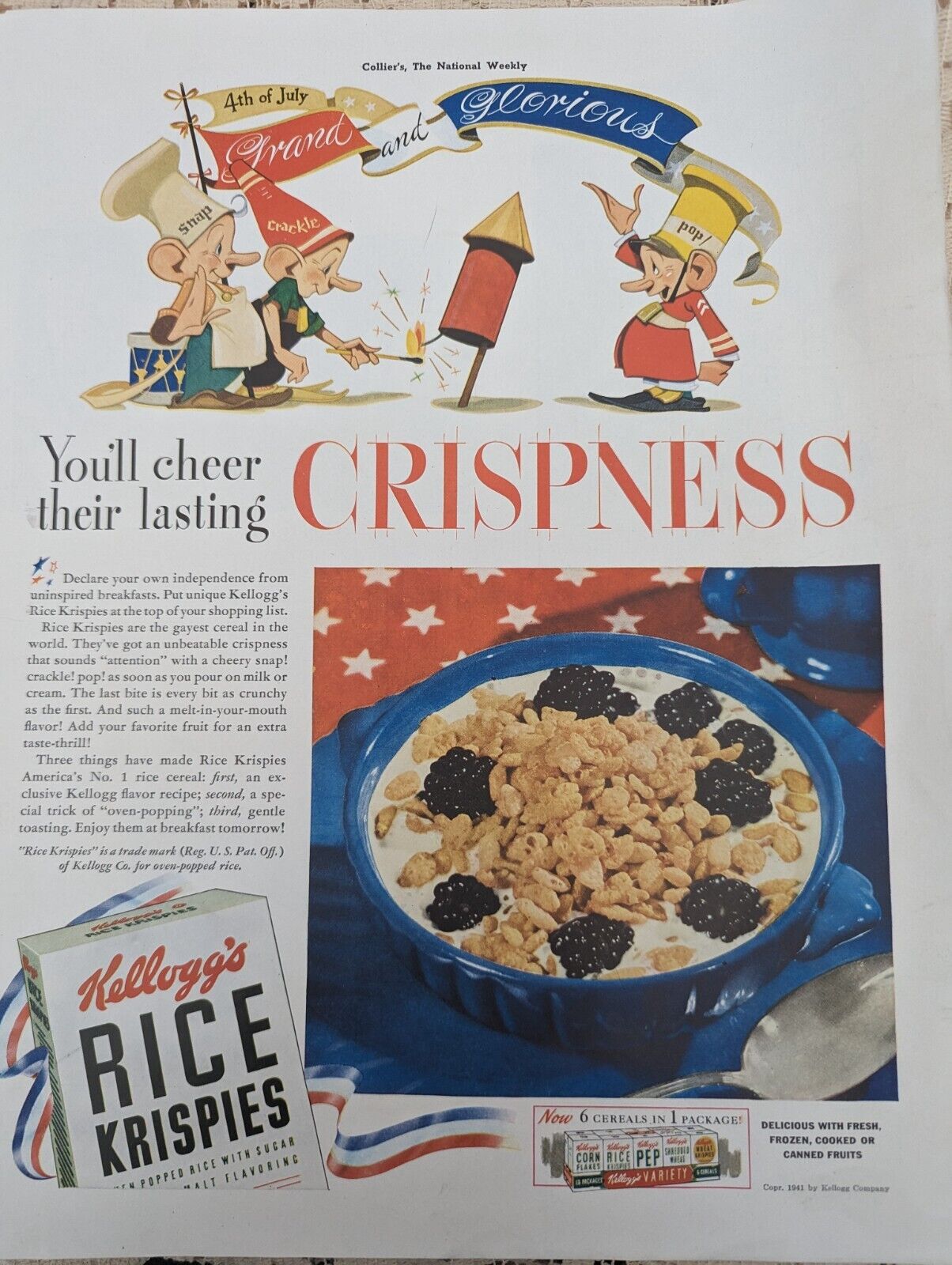 1941 Vintage Magazine Ad Advertising Kellogg\'s Rice Krispies Illustrated Cereal