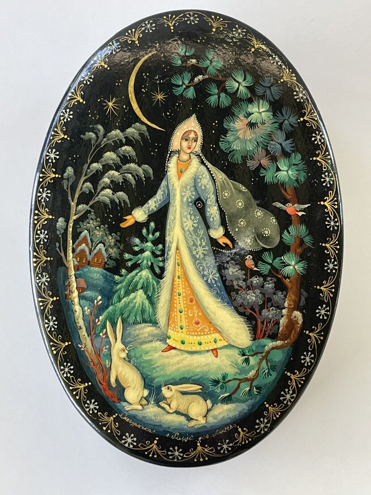 Vintage Russian Black Lacquer Box Snow Maiden - Artist Signed.