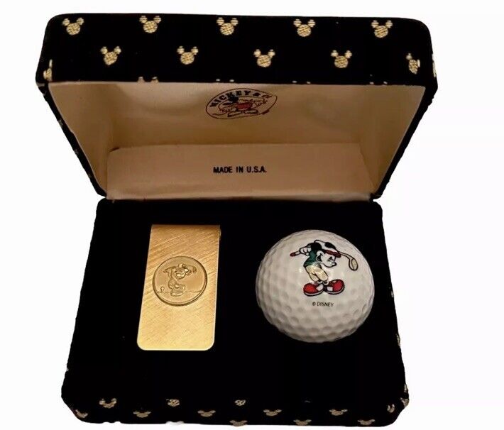 Vintage Disney Golfing Mickey Mouse Gold  Toned Metal Money Clip & Golf Ball Fun