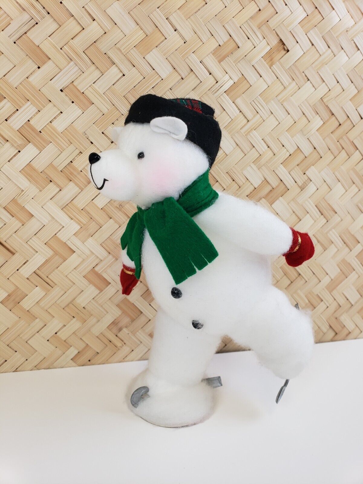 Vintage 90\'s Christmas Ornament Large Polar Bear Ice Skating Plush Felt Soft 11\