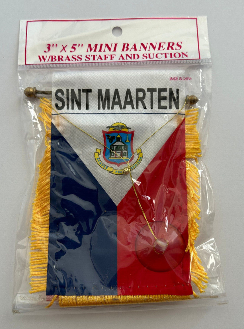 St Sint Maarten MINI BANNER FLAG with BRASS STAFF & SUCTION CUP