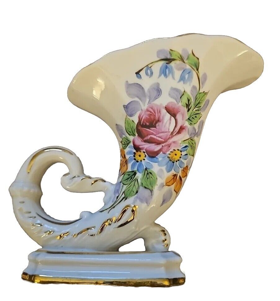 Vintage Wesley China Hand Painted Horn Of Plenty Cornucopia