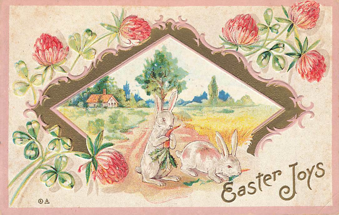 c1910 Rabbits Chrysanthemums Joys Embossed Easter P36