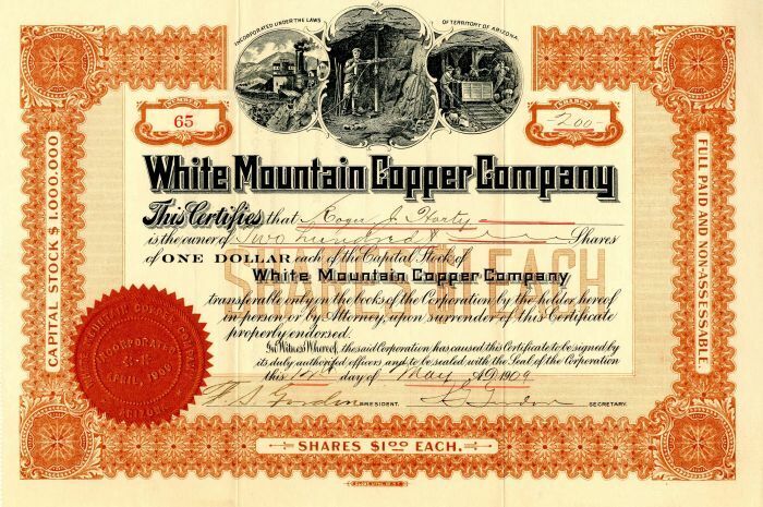 White Mountain Copper Co. - Stock Certificate - Mining Stocks