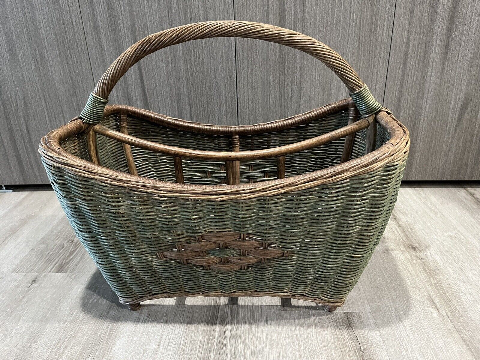 Vintage Green Wicker Magazine Basket, Farmhouse Chic