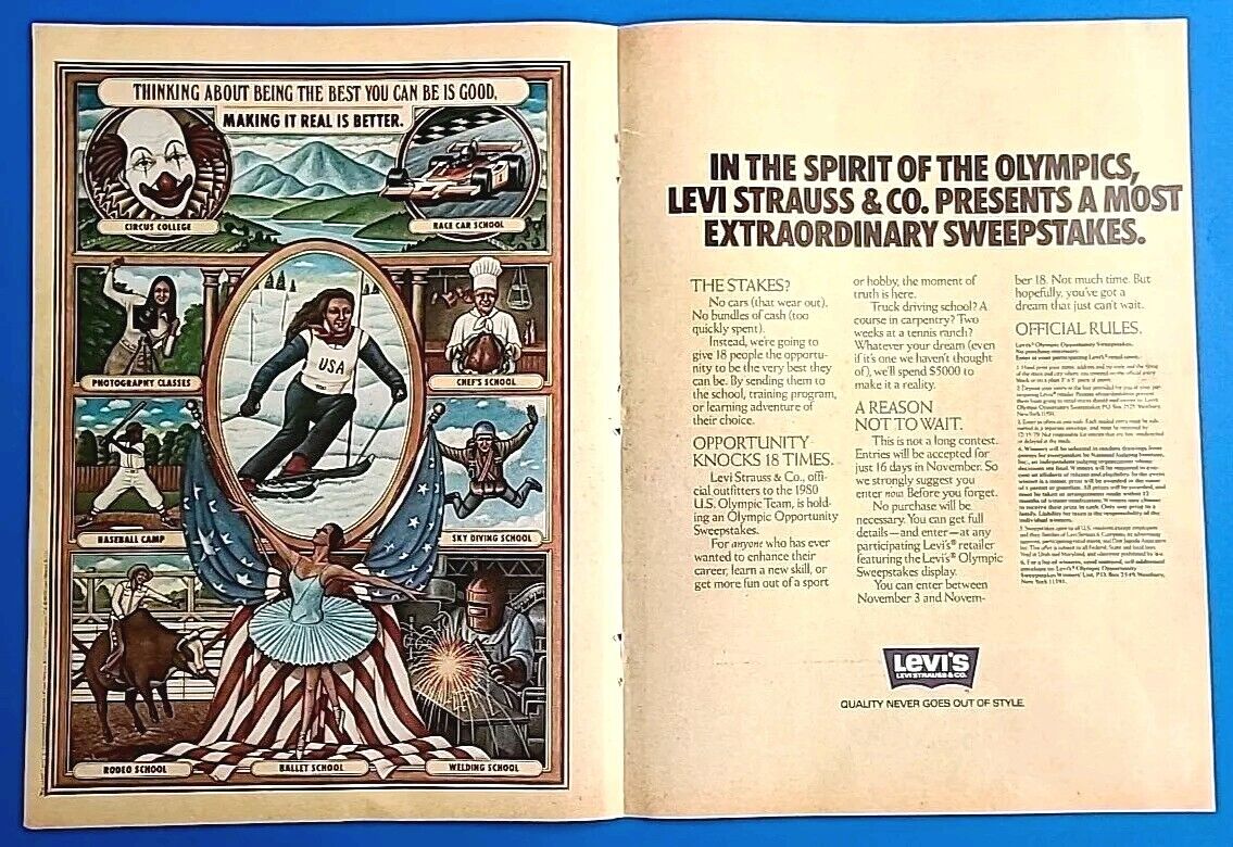 2-Page LEVI\'S Vintage 1979 Magazine Print Ad, 1980 OLYMPICS SWEEPSTAKES