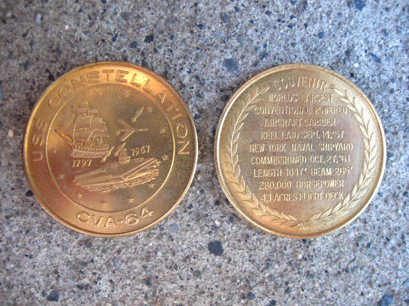 USS Constellation CVA-64 souvenir coin. Connie.  Minted 1965.  1.25 inch.