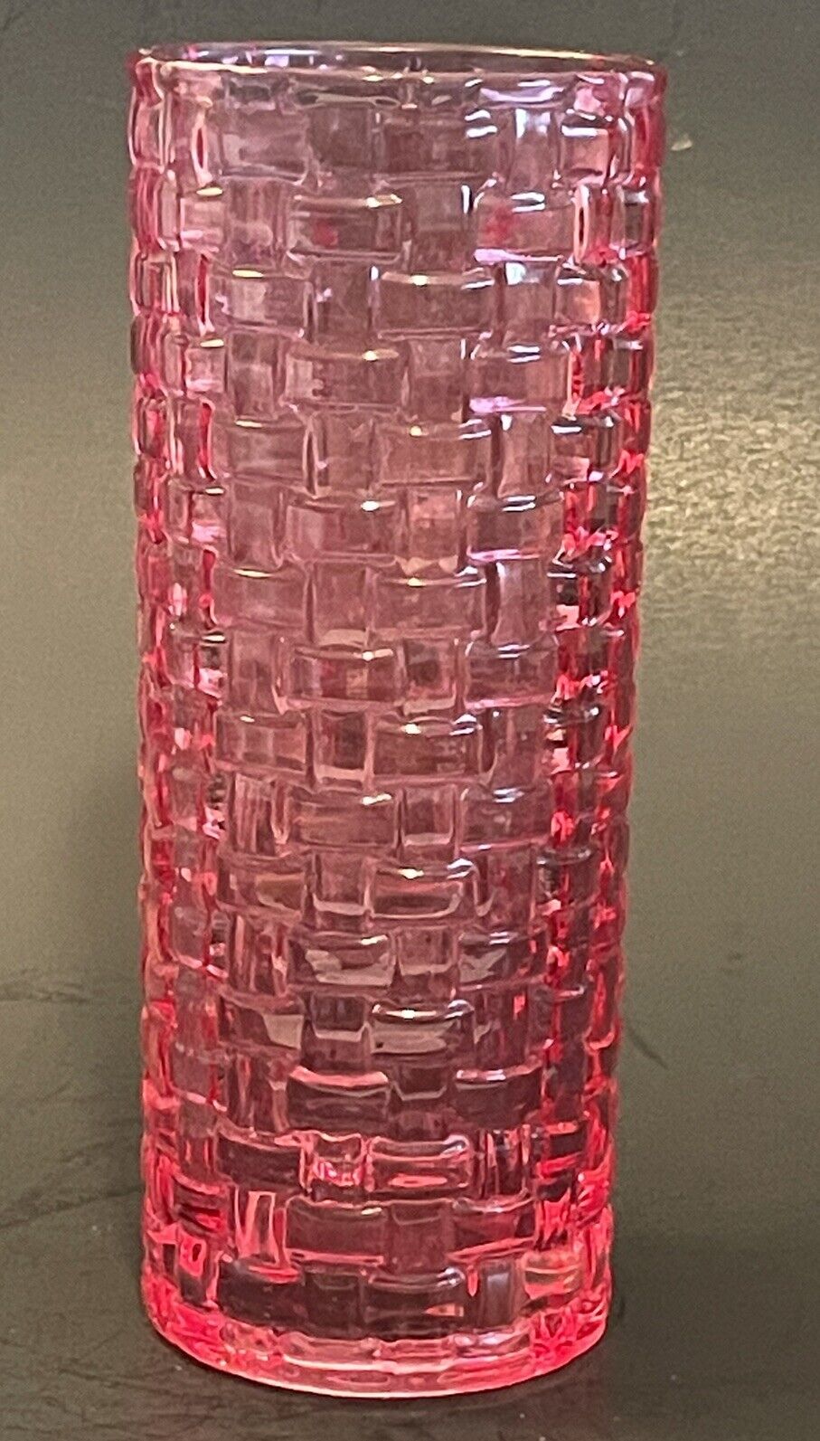 Burton + Burton Basketweave Pattern Bright Pink Thick Glass Vase 7.75