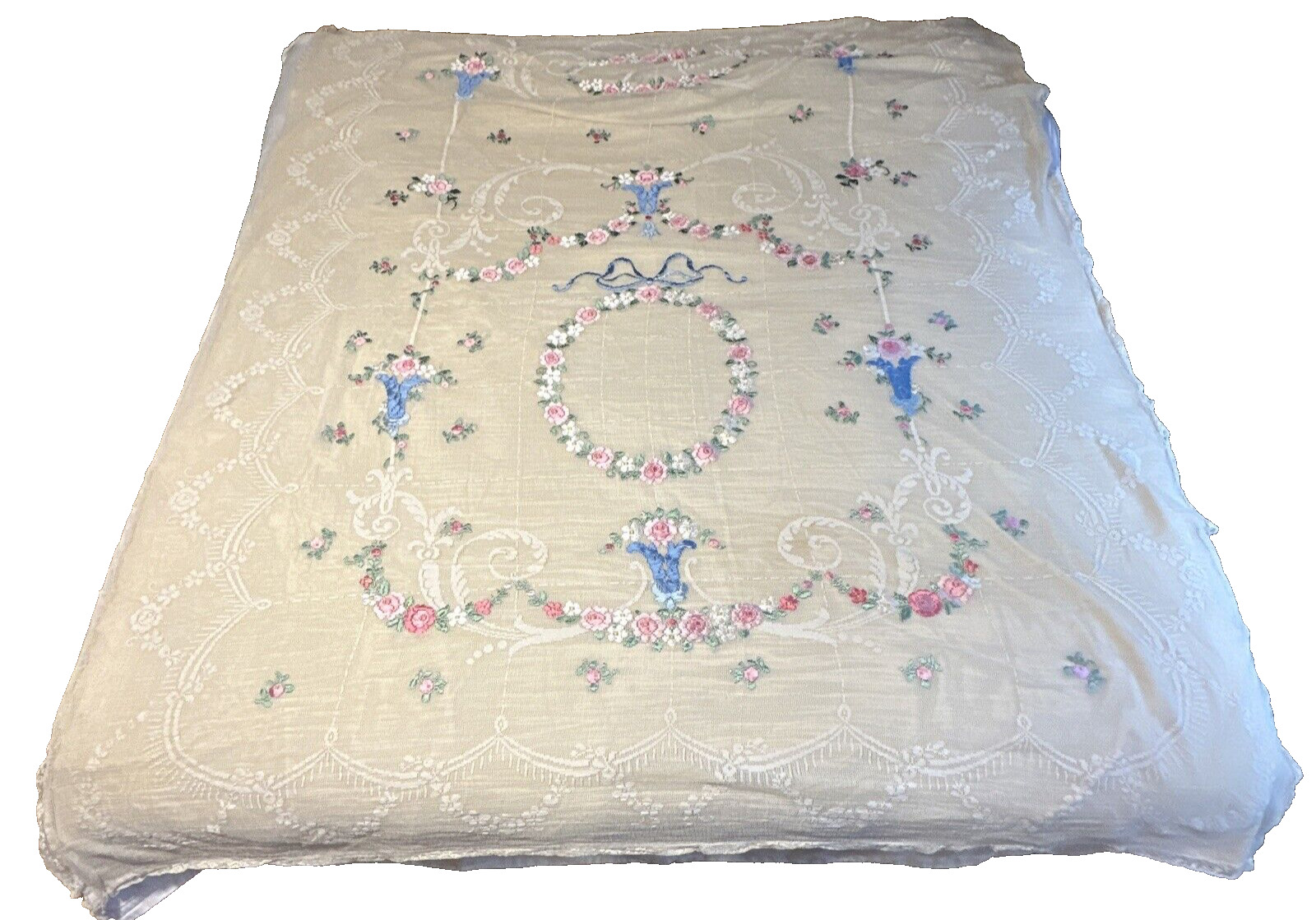 Antique Vintage Silk Ribbon Embroidered Lace Bed Coverlet Full Beautiful